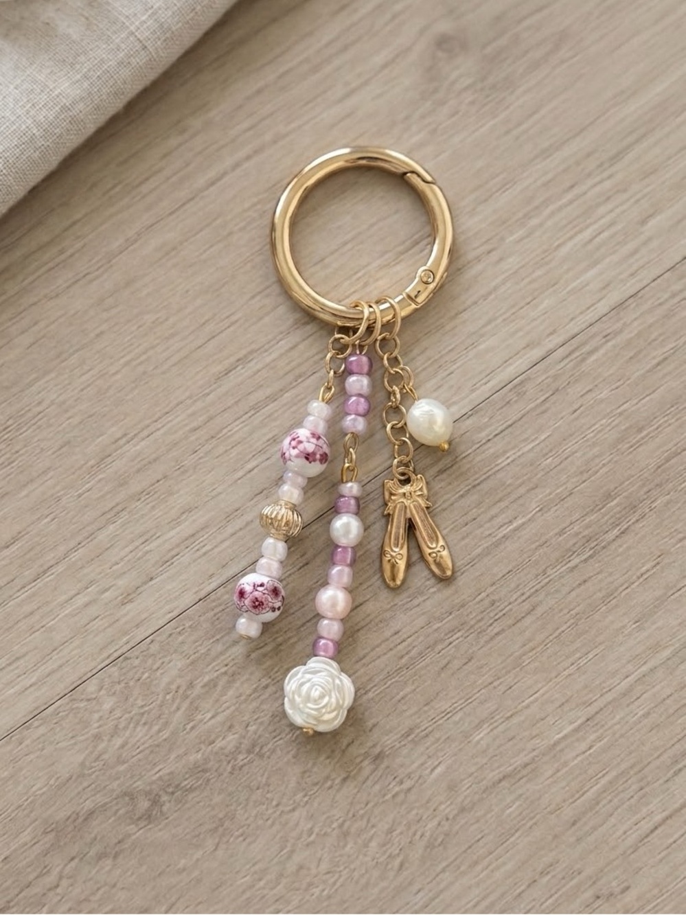 Beaded Pink Pearl Ballet/Pointe Shoe Bag Charm Keychain